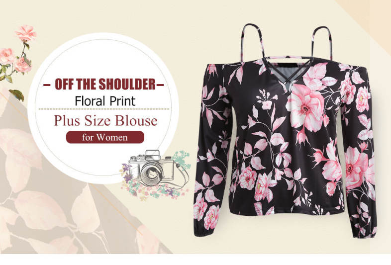 Off The Shoulder Spaghetti Strap Cut Out Floral Print Plus Size Women Blouse