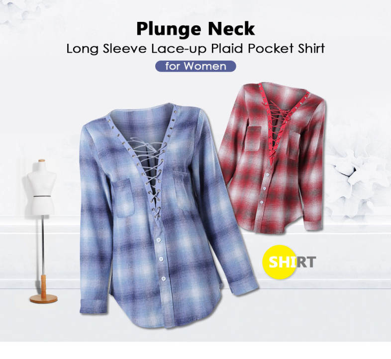 Plunge Neck Long Sleeve Lace-up Plaid Print Pocket Button Women Shirt