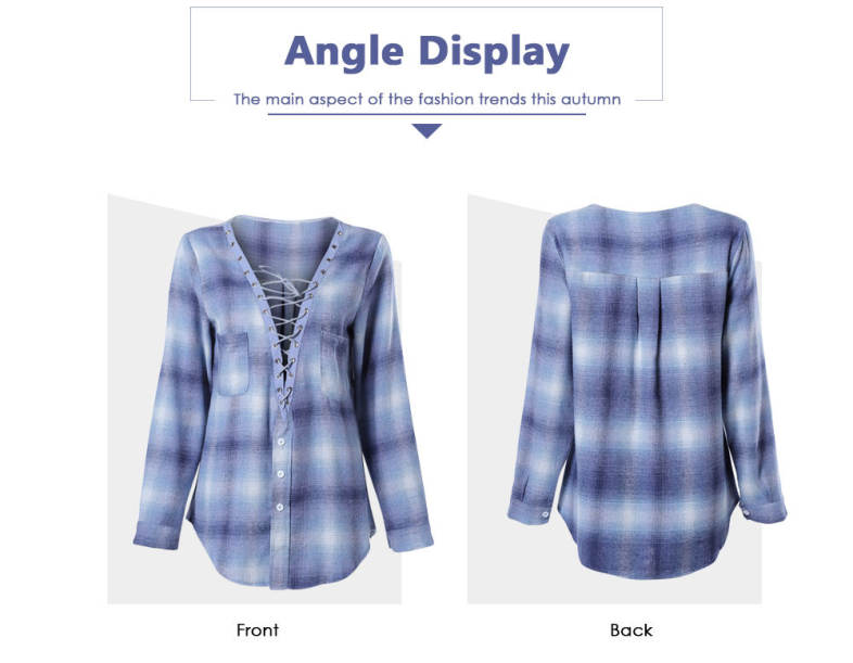 Plunge Neck Long Sleeve Lace-up Plaid Print Pocket Button Women Shirt