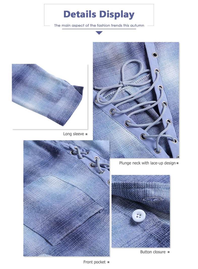 Plunge Neck Long Sleeve Lace-up Plaid Print Pocket Button Women Shirt