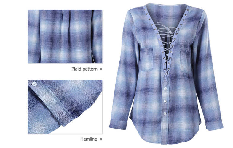 Plunge Neck Long Sleeve Lace-up Plaid Print Pocket Button Women Shirt