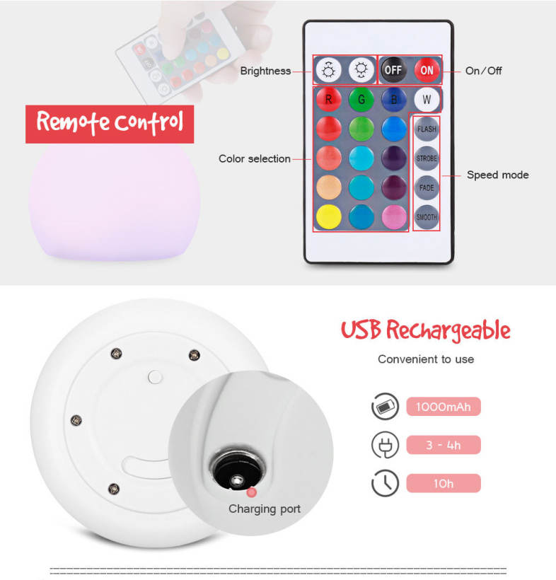 USB Rechargeable LED Ball Shape Night Light with Remote Control for Bedroom