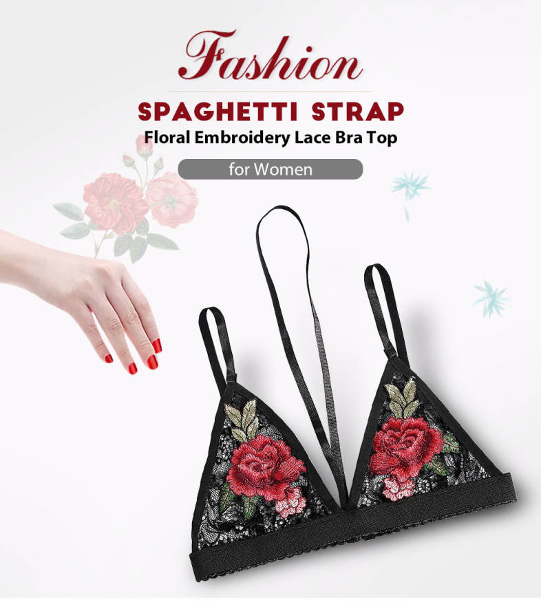 Spaghetti Strap Halter Neck Floral Embroidery Spliced Lace Women Bra Top
