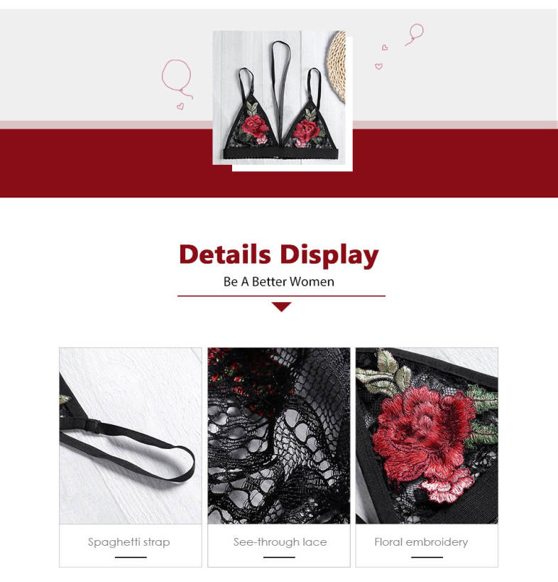 Spaghetti Strap Halter Neck Floral Embroidery Spliced Lace Women Bra Top