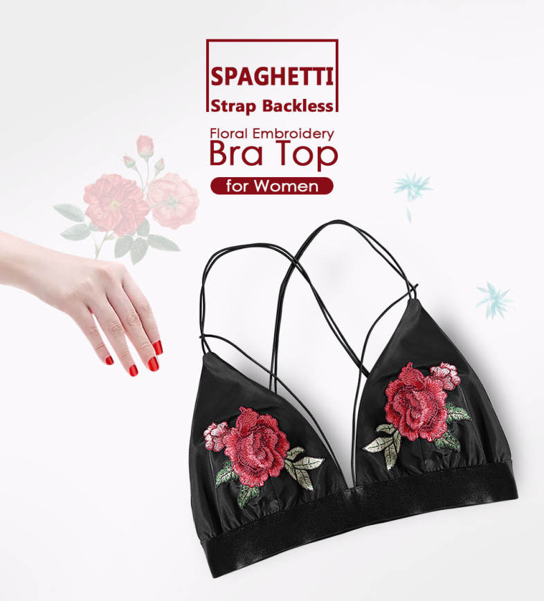 Spaghetti Strap Backless Floral Embroidery Women Bra Top