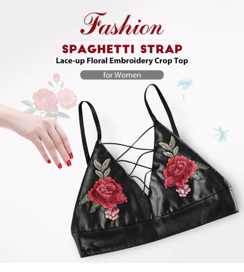 Spaghetti Strap Lace-up Floral Embroidery PU Women Crop Top