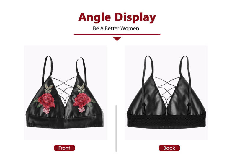 Spaghetti Strap Lace-up Floral Embroidery PU Women Crop Top