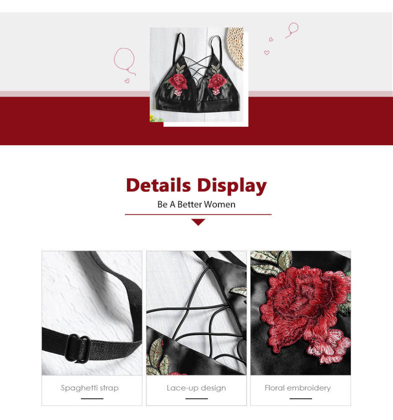 Spaghetti Strap Lace-up Floral Embroidery PU Women Crop Top