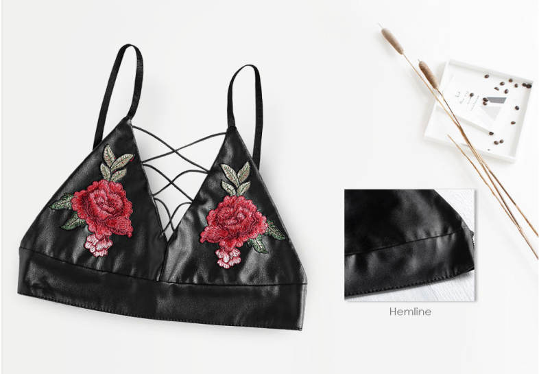 Spaghetti Strap Lace-up Floral Embroidery PU Women Crop Top