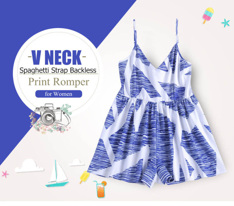 V Neck Spaghetti Strap Backless Print Women Romper