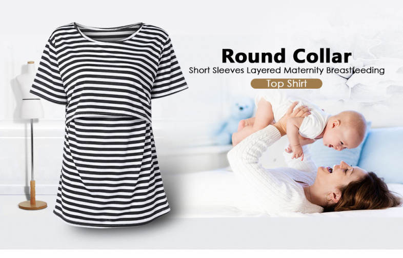 Round Collar Short Sleeves Layered Maternity Breastfeeding Top Shirt