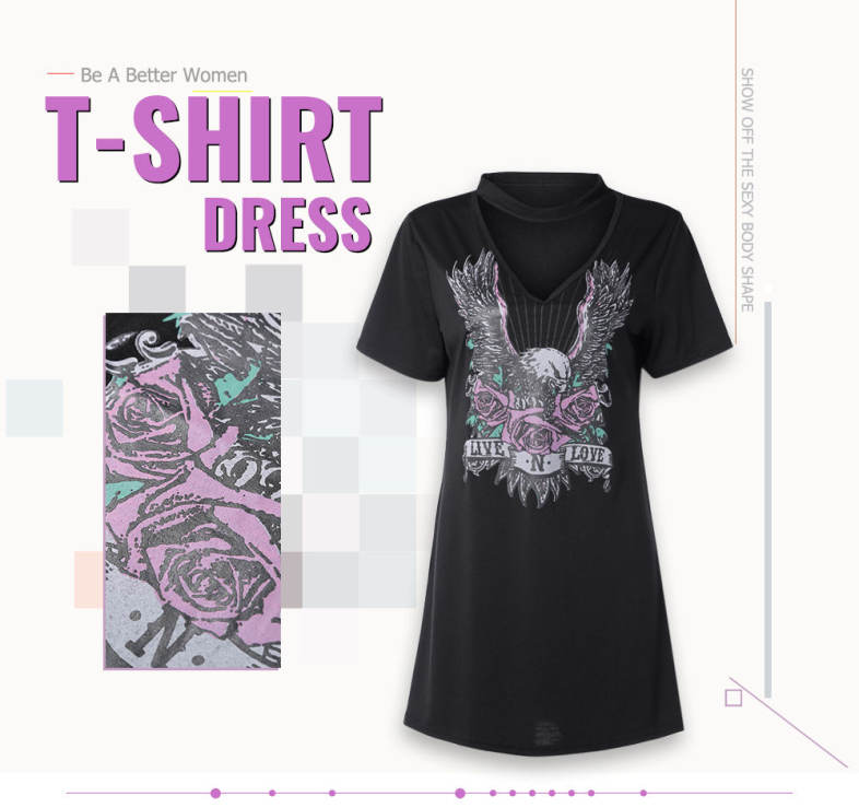Hanging Neck V-neck T-shirt Eagle and Floral Printing Cotton Dress