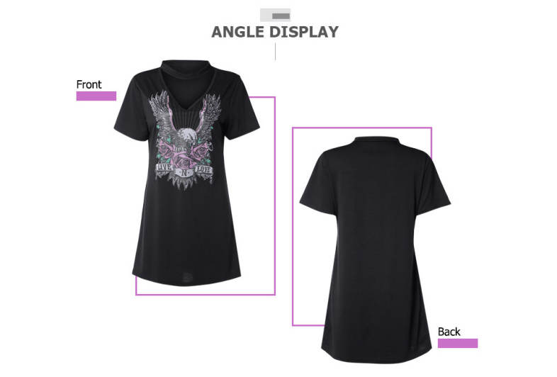 Hanging Neck V-neck T-shirt Eagle and Floral Printing Cotton Dress