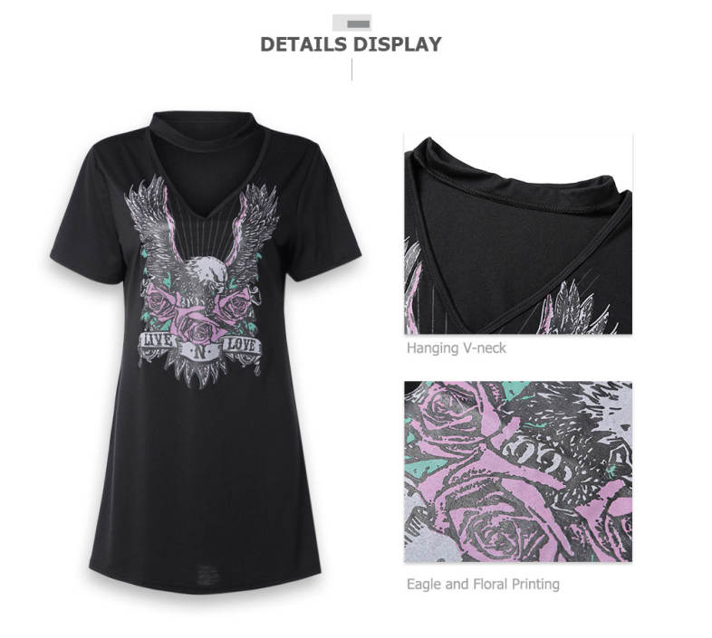 Hanging Neck V-neck T-shirt Eagle and Floral Printing Cotton Dress