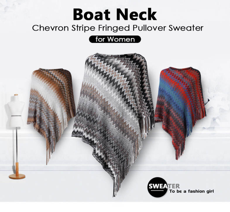 Boat Neck Chevron Stripe Fringed Knit Poncho Women Pullover Sweater