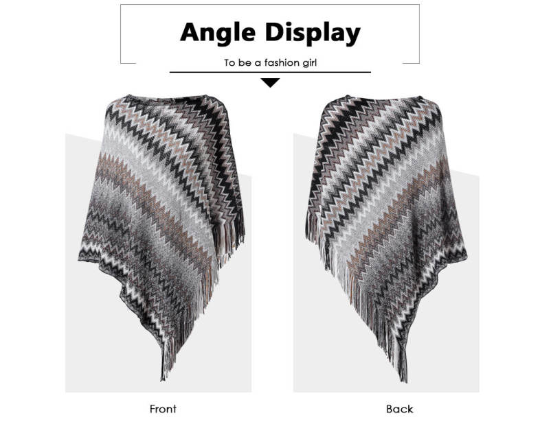 Boat Neck Chevron Stripe Fringed Knit Poncho Women Pullover Sweater
