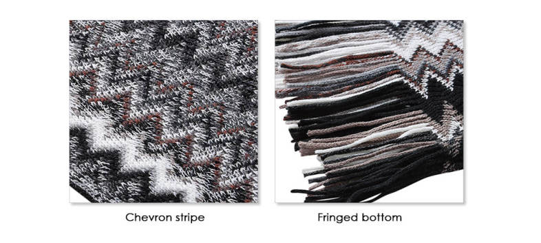 Boat Neck Chevron Stripe Fringed Knit Poncho Women Pullover Sweater