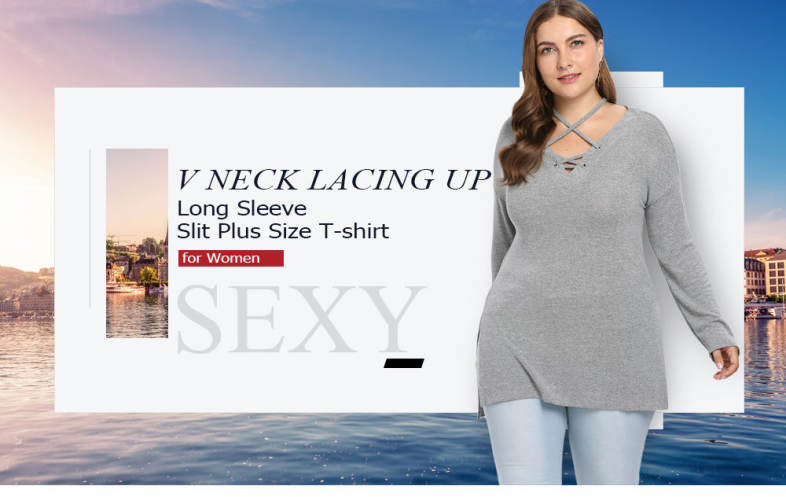 V Neck Lacing Up Long Sleeve Slit Solid Color Plus Size Women T-shirt