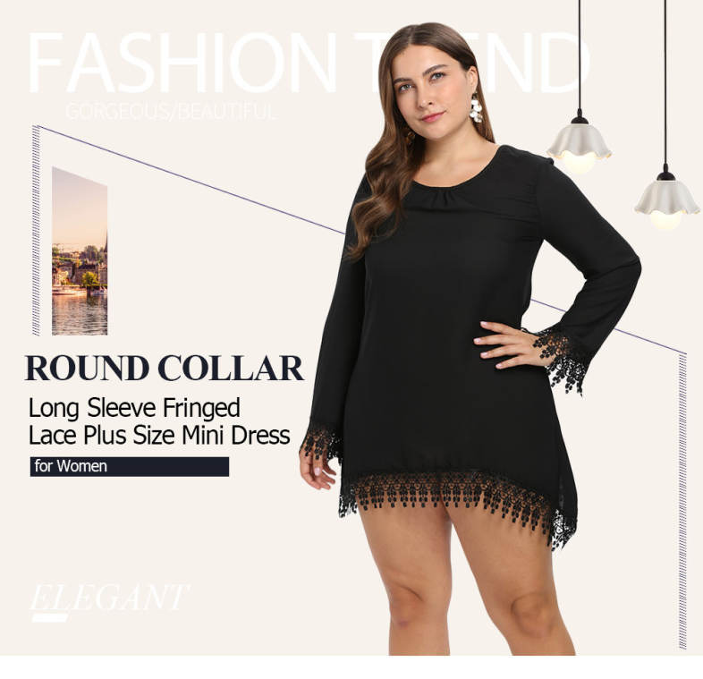 Round Collar Long Sleeve Fringed Lace Crochet Plus Size Women Mini Dress