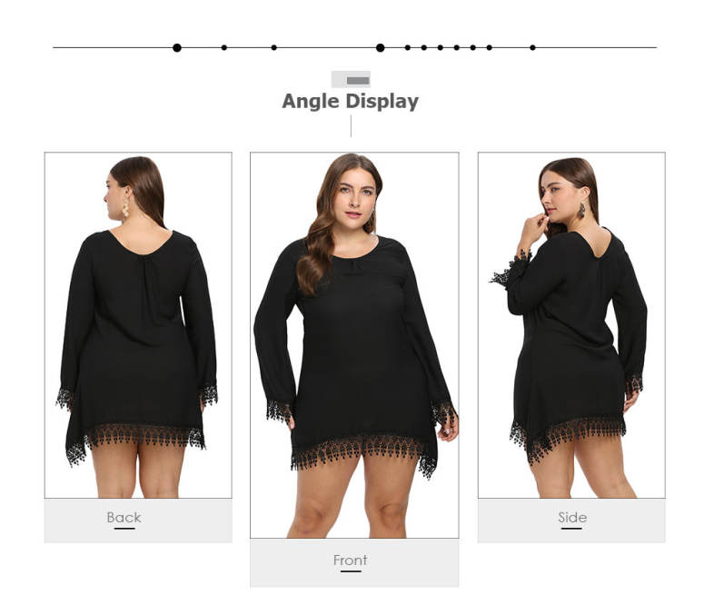 Round Collar Long Sleeve Fringed Lace Crochet Plus Size Women Mini Dress
