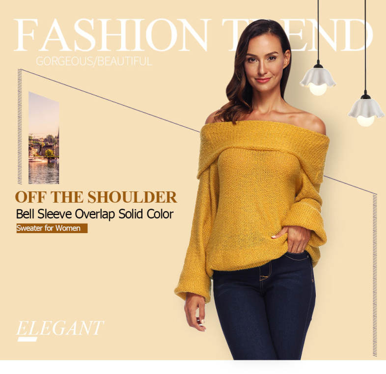Off The Shoulder Long Bell Sleeve Overlap Solid Color Women Pullover Sweater