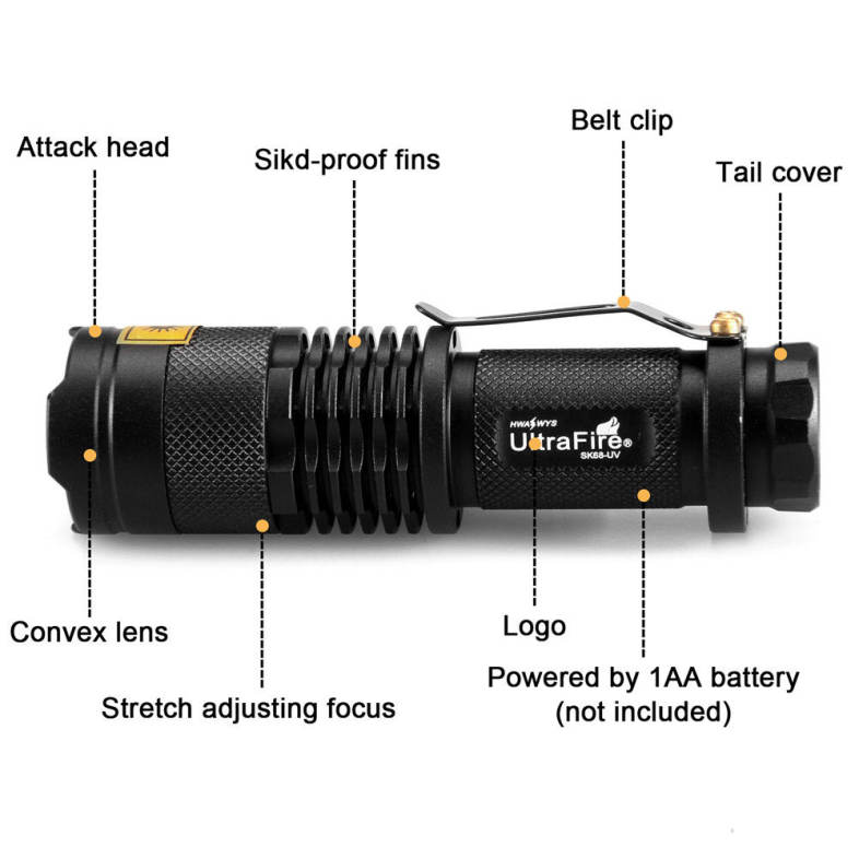 UltraFire SK68-UV 365NM 1 Mode Purple Waterproof Telescopic Focusing Flashlight
