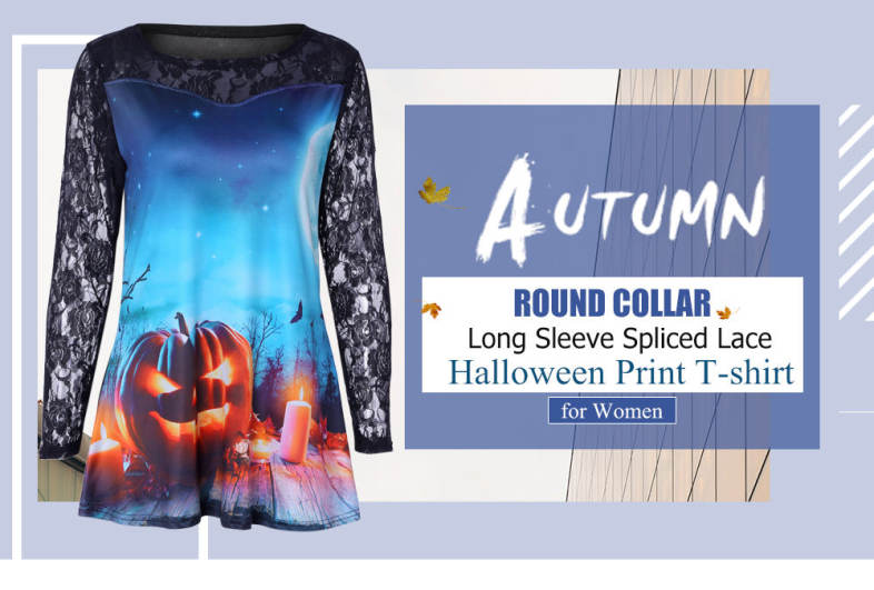 Round Collar Long Sleeve Spliced Lace Halloween Print Women T-shirt