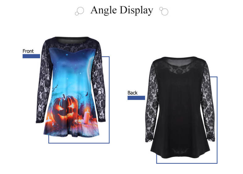 Round Collar Long Sleeve Spliced Lace Halloween Print Women T-shirt