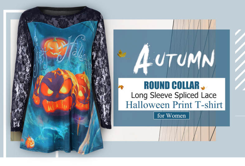 Round Collar Long Sleeve See-through Lace Halloween Print Women T-shirt