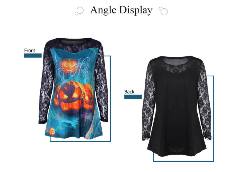 Round Collar Long Sleeve See-through Lace Halloween Print Women T-shirt