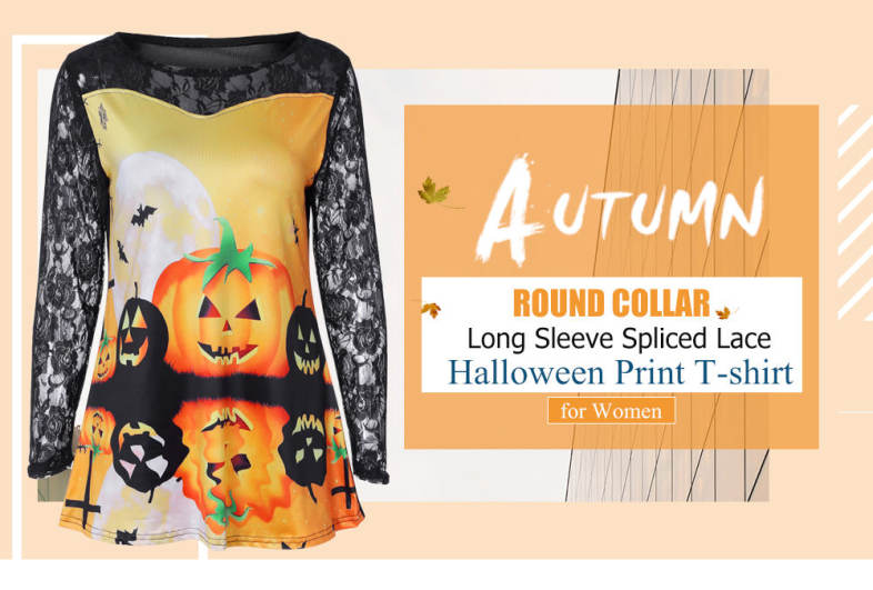 Round Collar Long Sleeve Spliced Lace Halloween Pattern Women T-shirt