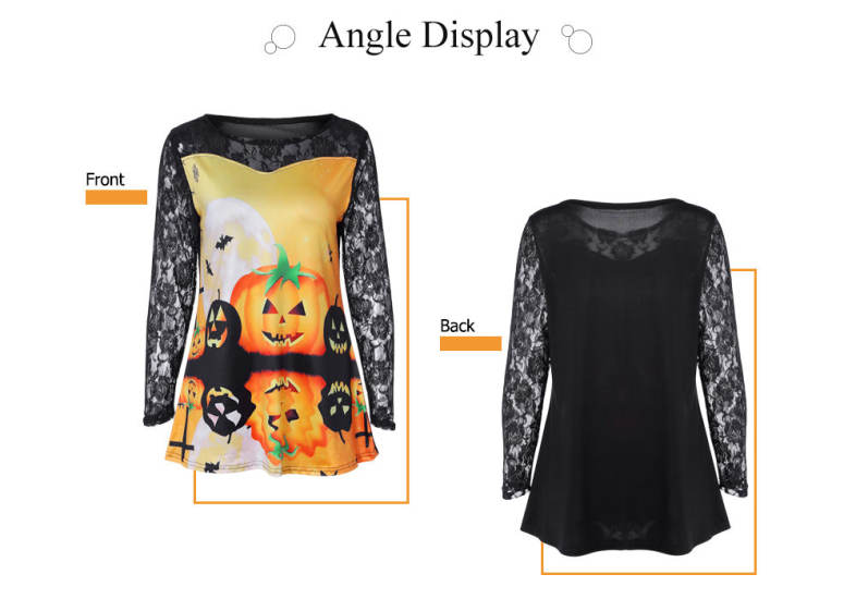 Round Collar Long Sleeve Spliced Lace Halloween Pattern Women T-shirt
