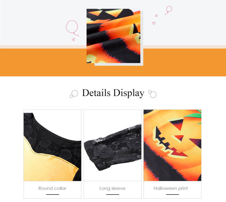 Round Collar Long Sleeve Spliced Lace Halloween Pattern Women T-shirt