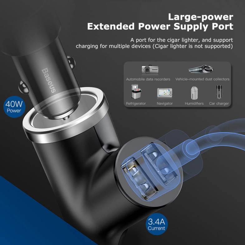 Baseus Y-shape Dual USB Car Charger with Cigarette Extended Port