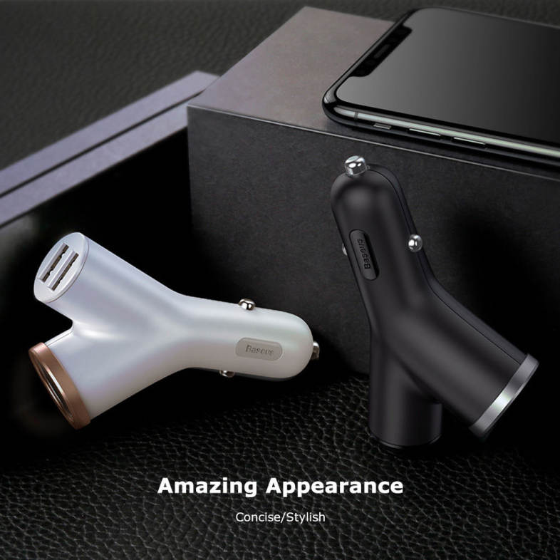Baseus Y-shape Dual USB Car Charger with Cigarette Extended Port