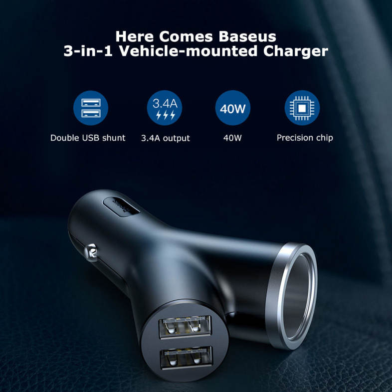 Baseus Y-shape Dual USB Car Charger with Cigarette Extended Port