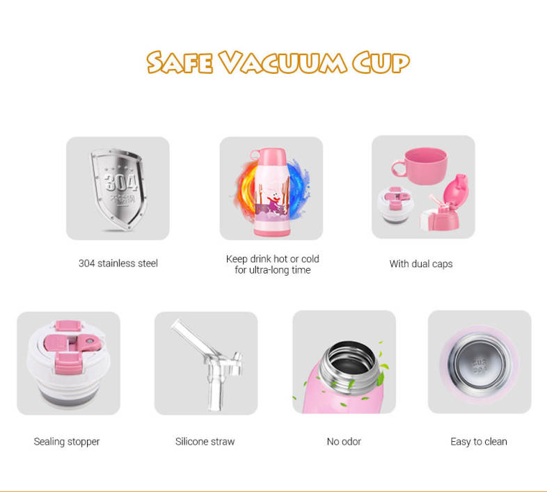 DA22 - C60 Children Stainless Steel Vacuum Cup With Straw 2 Caps 600ml