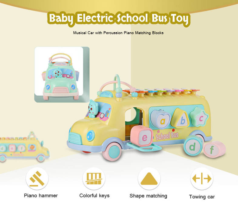 1022 - 9 Baby School Bus Toy Music Car with Percussion Piano Matching Blocks