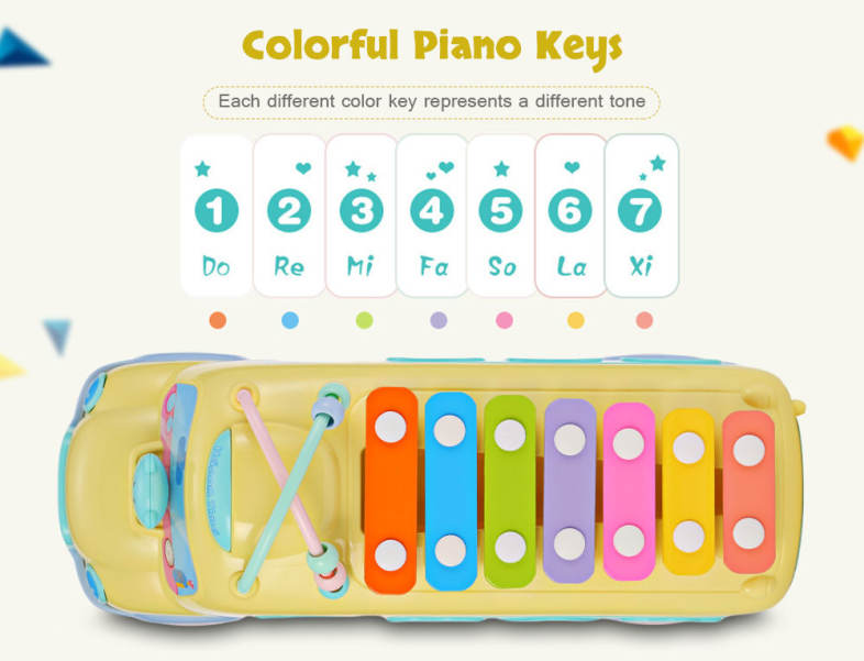 1022 - 9 Baby School Bus Toy Music Car with Percussion Piano Matching Blocks