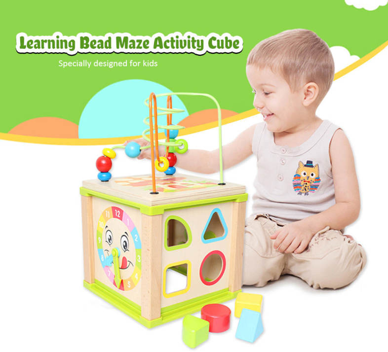 Multifunctional Kids Wooden Learning Bead Maze Activity Cube Educational Toy 