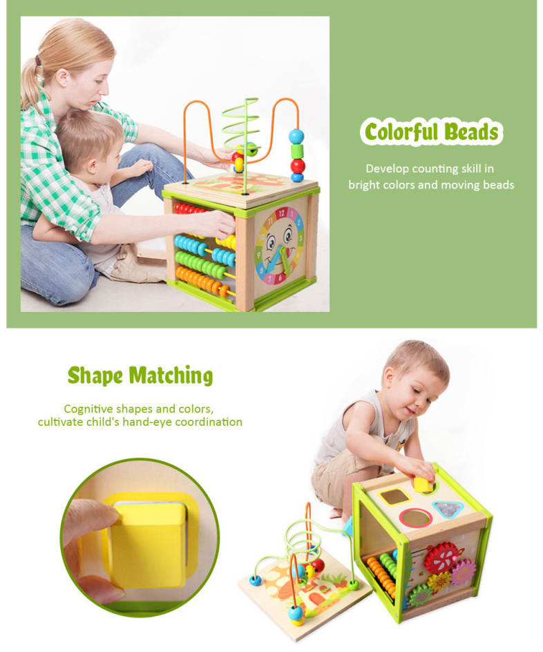Multifunctional Kids Wooden Learning Bead Maze Activity Cube Educational Toy 