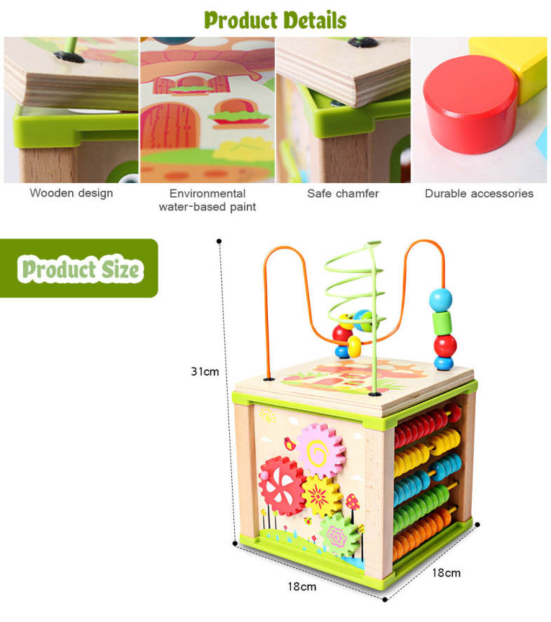 Multifunctional Kids Wooden Learning Bead Maze Activity Cube Educational Toy 