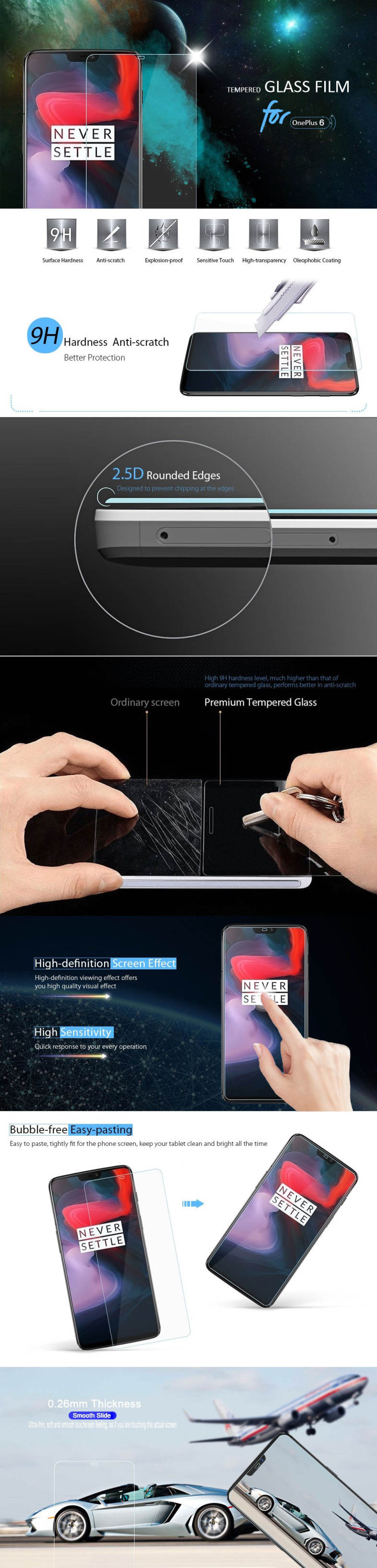 JOFLO 2pcs 2.5D 0.26mm 9H Hardness Tempered Glass Screen Protector for OnePlus 6