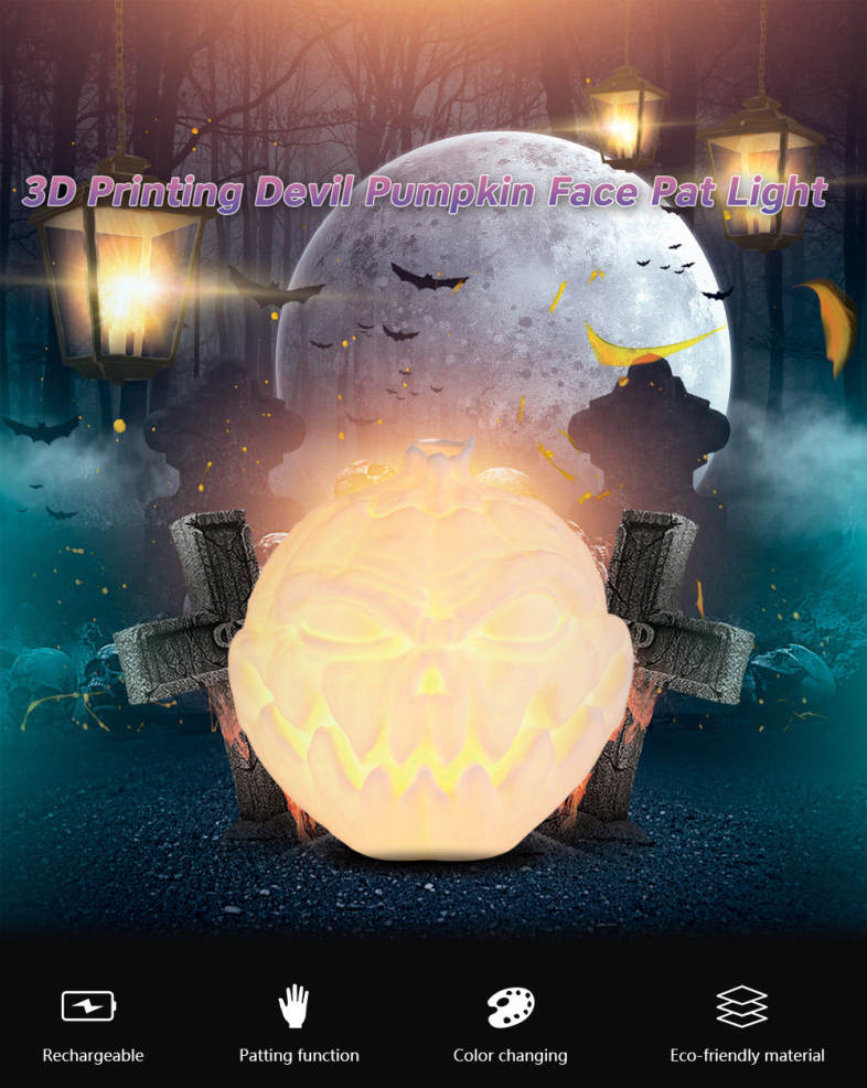 3D Printing Devil Pumpkin Face Light Patting Night Lamp for Halloween