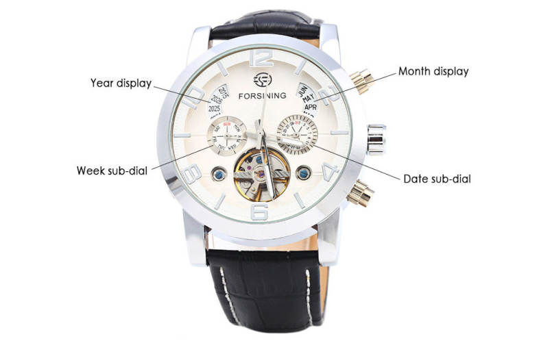 Forsining A165 Men Tourbillon Automatic Mechanical Watch Leather Strap Date Week Month Year Display