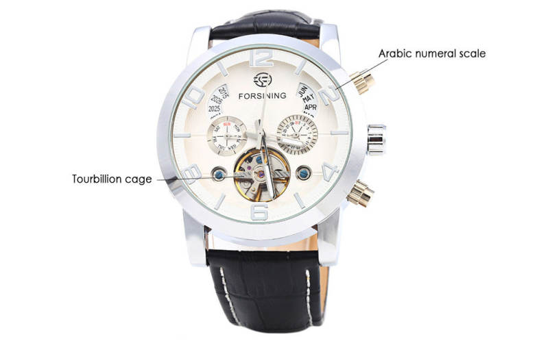 Forsining A165 Men Tourbillon Automatic Mechanical Watch Leather Strap Date Week Month Year Display