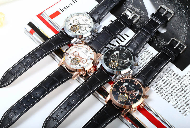 Forsining A165 Men Tourbillon Automatic Mechanical Watch Leather Strap Date Week Month Year Display