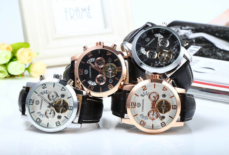 Forsining A165 Men Tourbillon Automatic Mechanical Watch Leather Strap Date Week Month Year Display