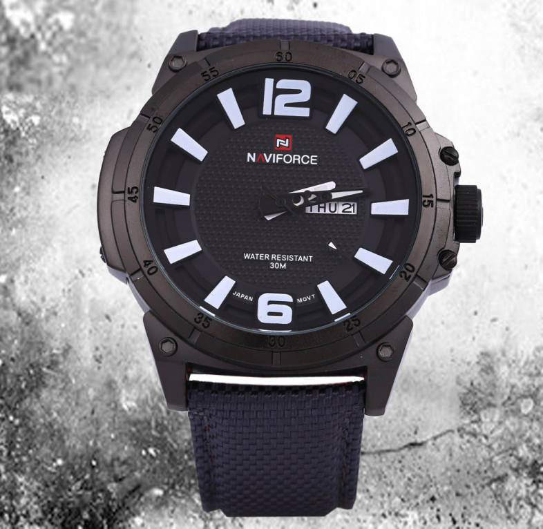 Naviforce 9066 Men Quartz Watch Nylon Strap Calendar 3D Dial Analog