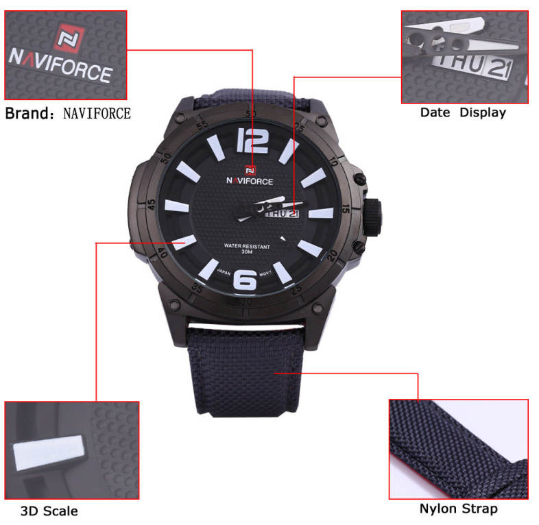 Naviforce 9066 Men Quartz Watch Nylon Strap Calendar 3D Dial Analog